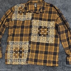 Forever 21 Yellow and Black Plaid Bandana Patch Button-Up Shirt